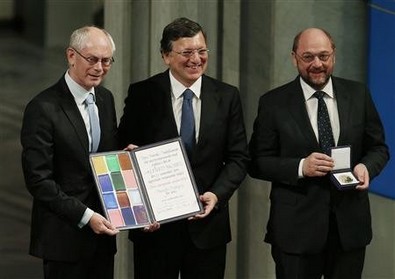 Herman Van Rompuy, président du Conseil européen, José Manuel Barroso, président de la Commission européenne, et Martin Schulz, président du Parlement européen 