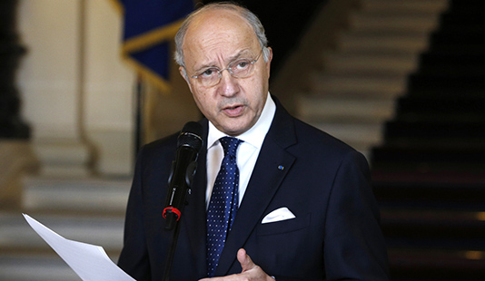 French Foreign Affairs minister Laurent Fabius speaks after a meeting with Foreign Affairs ministers from Russia, Ukraine and Germany at the French Foreign Affairs ministry in Paris on February 24, 2015. Foreign ministers from Ukraine, Russia, Germany and France gathered on Ferbuary 24 to try to revive a shaky ceasefire in east Ukraine as Russian President Vladimir Putin ruled out an 