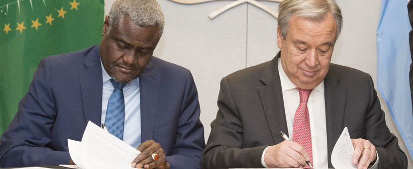 Secretary General Antonio Guterres and H.E. Mr. Moussa Faki Mahamat, Chairperson, African Union Commission Signing of Joint UN-AU Framework for Enhancing Partnership on Peace and Security.