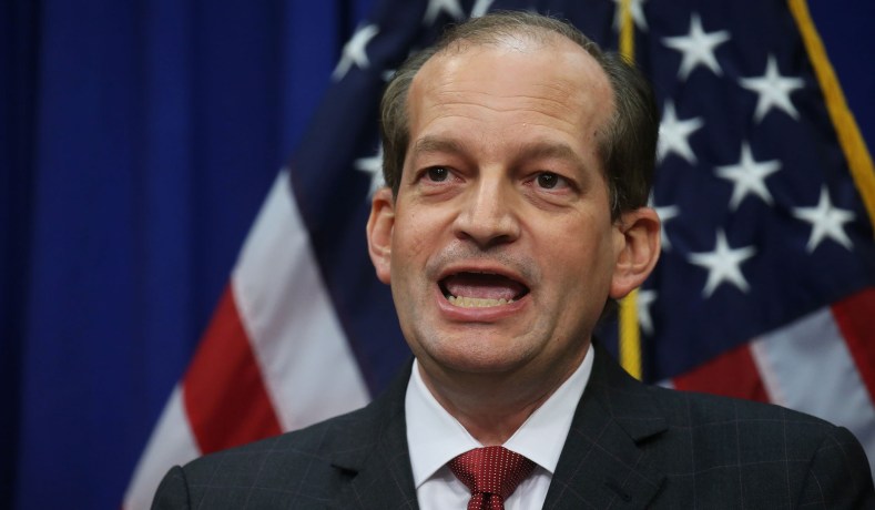 U.S. Labor Secretary Alexander Acosta makes a statement and answers questions from reporters on his involvement in a non-prosecution agreement with financier Jeffrey Epstein, who has now been charged with sex trafficking in underage girls, during a news conference at the Labor Department in Washington, U.S., July 10, 2019. REUTERS/Leah Millis - RC1CC595B720