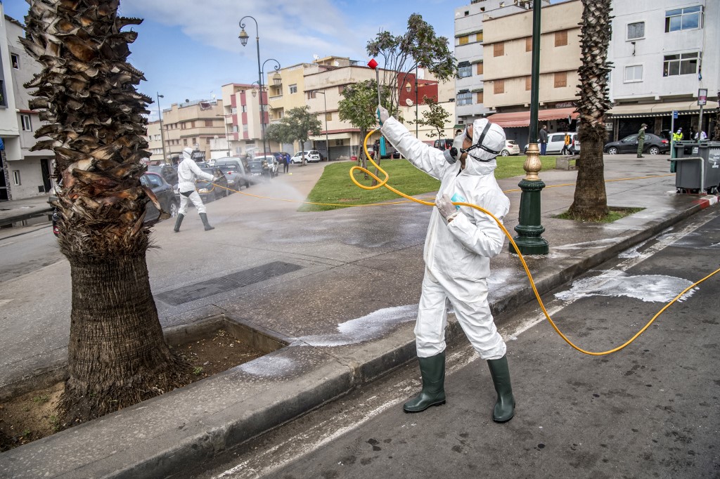 A Moroccan health ministry worker disinfects a palm tree along a road in the capital Rabat on March 22, 2020. - A public health state of emergency went into effect in the Muslim-majority country late on March 20, and security forces and the army have been deployed on the streets to combat the spread of COVID-19 coronavirus disease. People have been ordered to stay at home, and restrictions on public transport and travel between cities are also in place. (Photo by FADEL SENNA / AFP)