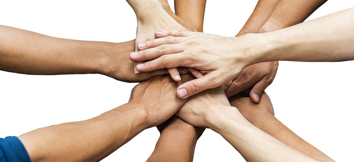 Image of group of overlapping hands against white background