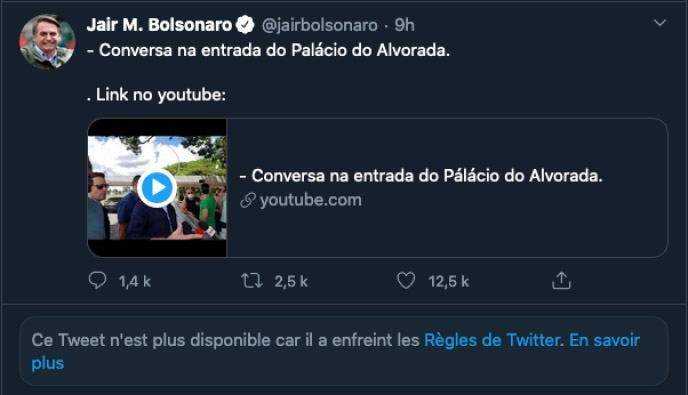 Exemple de post d'un partisan de Bolsonaro supprimé