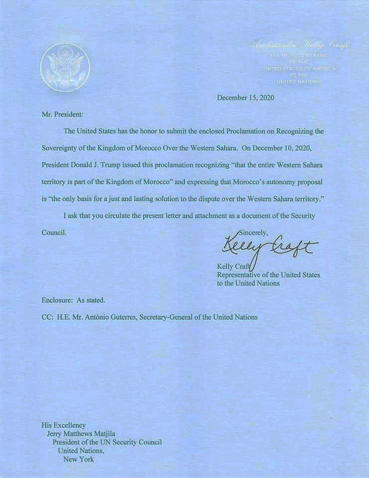 Lettre de l'ambassadrice américaine Kelly Craft au secrétaire général de l'ONU.