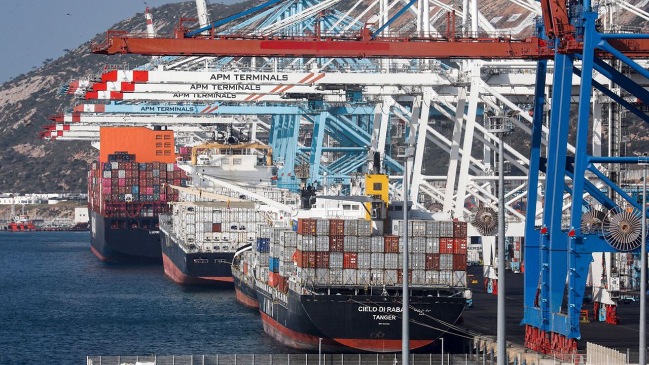 This picture taken on June 28, 2019 shows a view of container cranes at terminal I of the Tanger Med port in the northern city of Tangiers on the Strait of Gibraltar. (Photo by - / AFP)